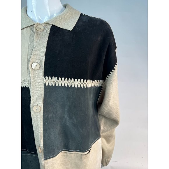 Virgola Uomo Patchwork Sweater Cardigan Size XL Beige Suede Suede, Ramie - Picture 16 of 16